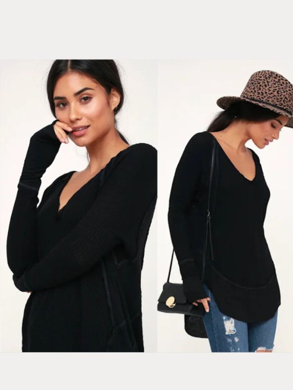 We the Free by Free People - Catalina V-Neck Thermal Top OB833186 | XS | Black